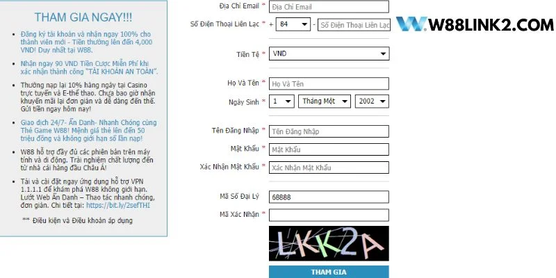 Người chơi có thể dễ dàng tạo tài khoản cược tại nhà cái W88.